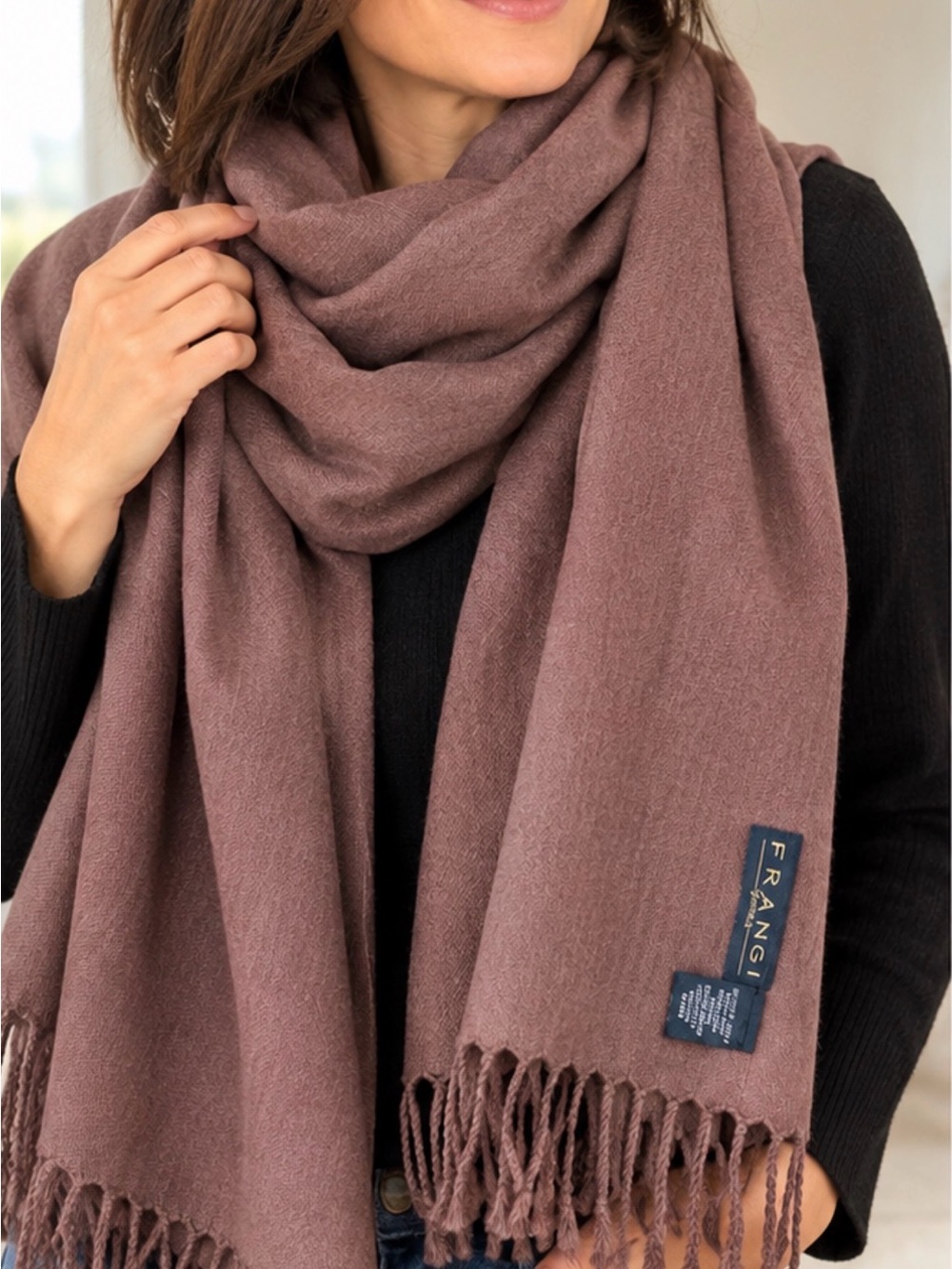 FRANGI The Rock 100% Wool Scarf Shawl Wrap Mauve Brown Fringe